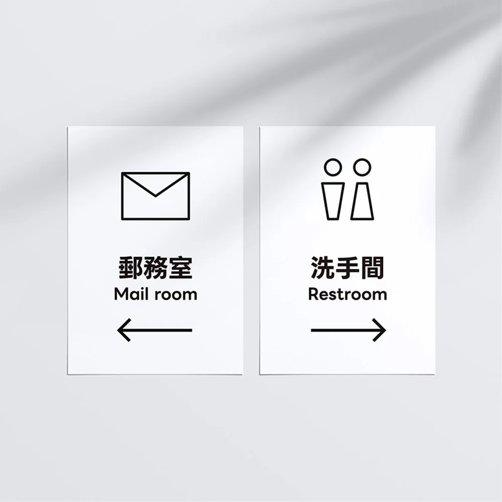 郵務室與洗手間的中英雙語指標，使用圖示與左右箭頭協助辨識