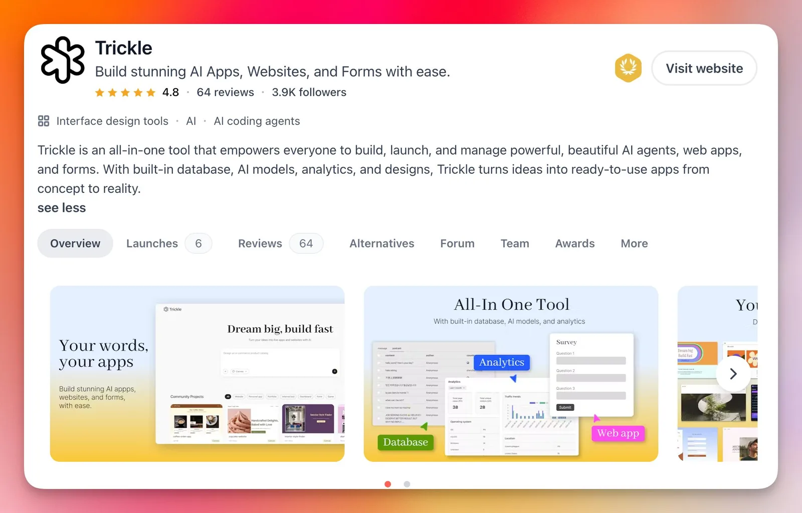 Trickle 的 Product Hunt 頁面，展示 AI 網站與表單建置工具介紹