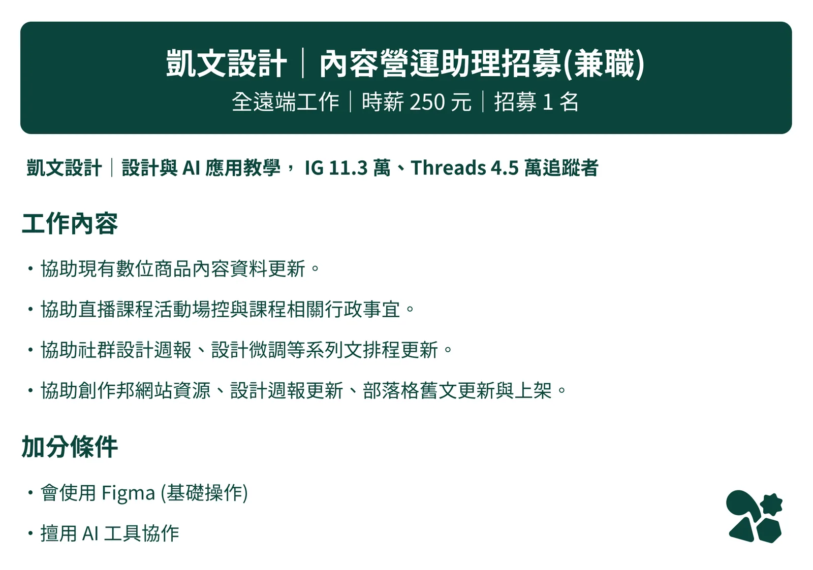 凱文設計內容營運助理的歷史兼職招募圖，列出工作內容與當期條件
