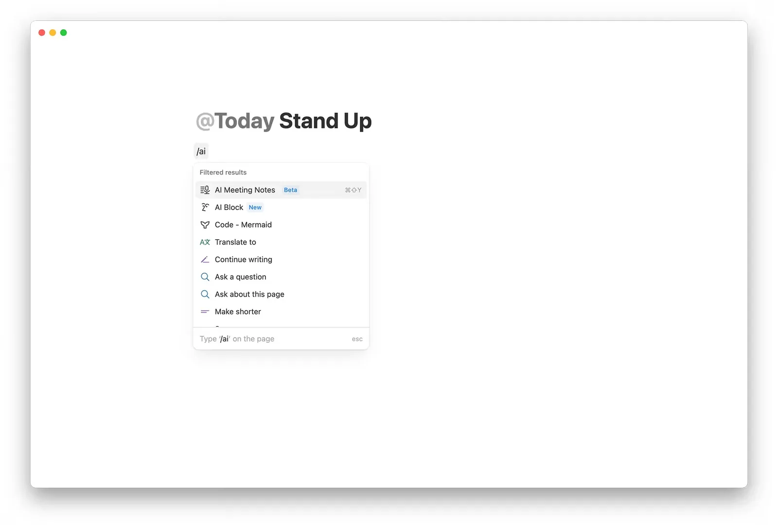 Notion Today Stand Up 頁面的 AI 指令選單,包含翻譯與詢問功能