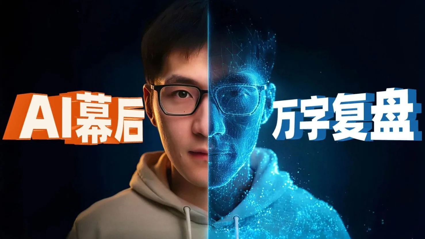 AI 幕後程序復盤影片封面，人物半邊臉呈現數位效果