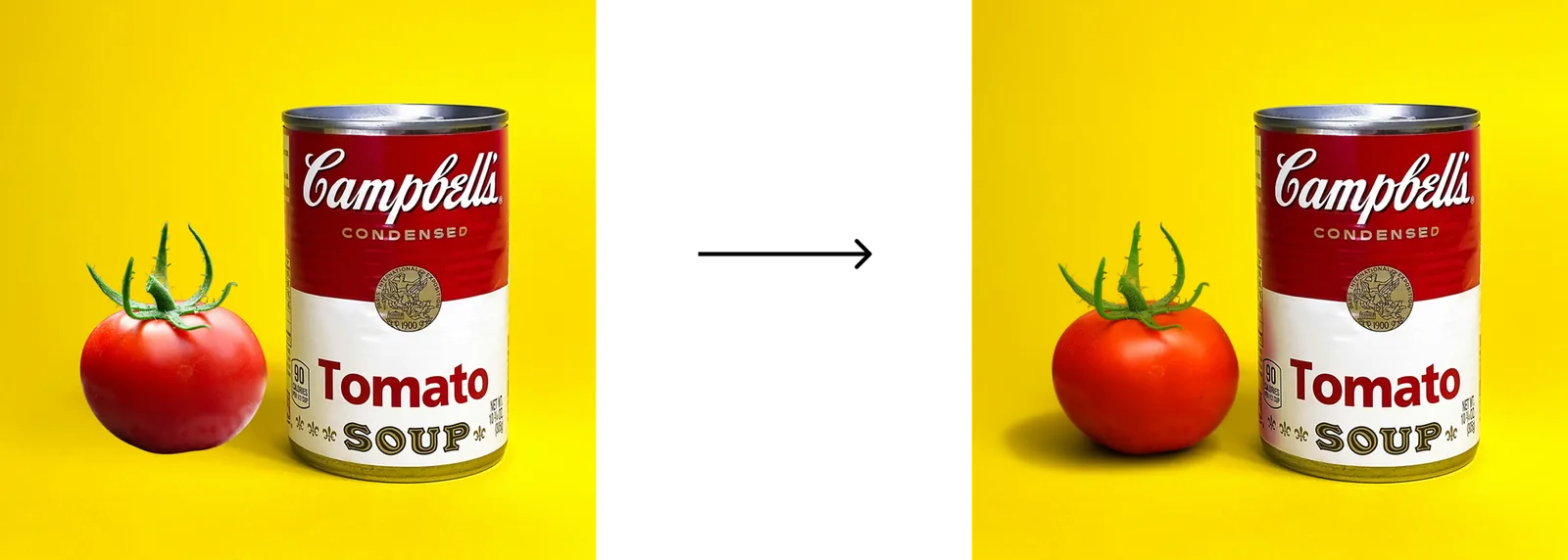 Photoshop 調和示例：黃色背景的番茄湯罐旁加入番茄，右圖將番茄的光線與地面陰影融入場景