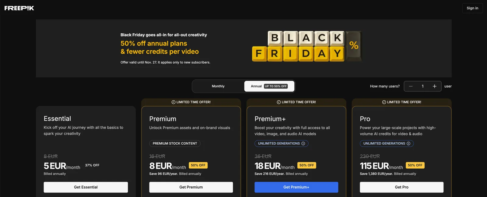 Freepik 黑色星期五方案頁面的當期價格與折扣截圖