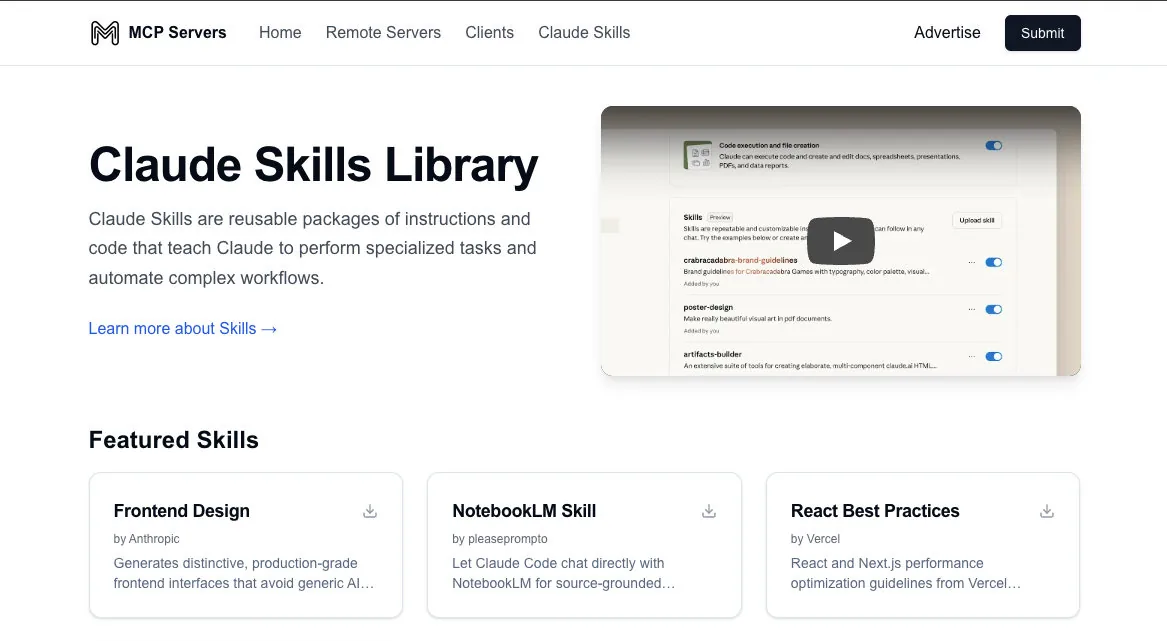 MCP Servers 的 Claude Skills Library 頁面與技能分類