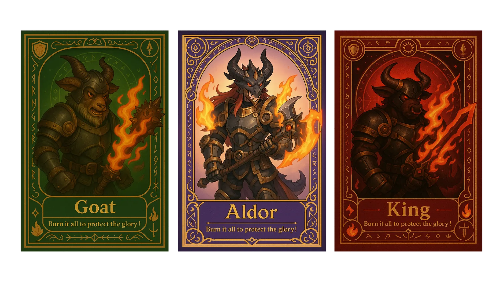 Goat、Aldor、King 三張奇幻角色卡牌的插畫與文字配置